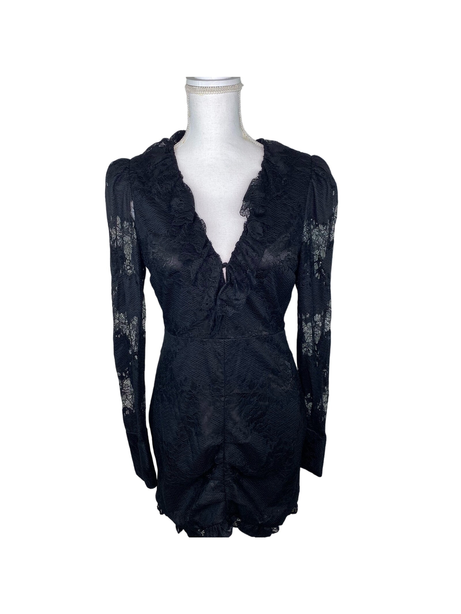 Alexis V Neck Ruffle Bodycon Cocktail Dress Black Lace Size M Long Sleeve